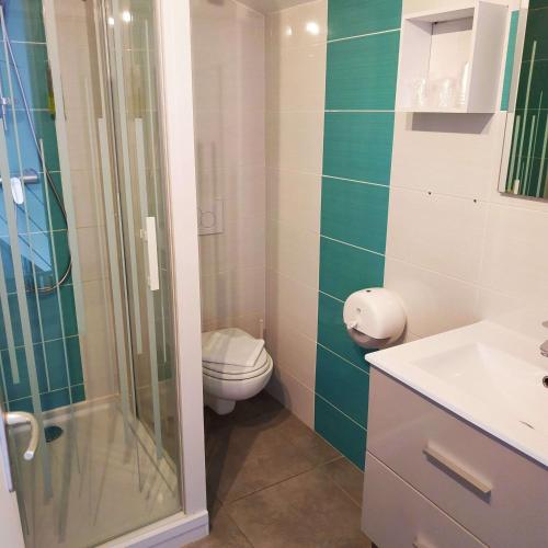 une salle de bain avec toilettes et douche dans l'établissement Brit Hotel Hermitage, à Royan