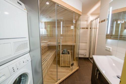 a bathroom with a walk in shower and a washing machine at Schöneben Chalet MiJoBa in Wald im Pinzgau