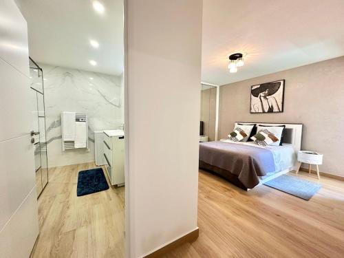 a bedroom with a bed and a bathroom with a mirror at Le Mediterranée-centre-climatisation in Menton