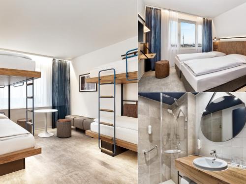 a hotel room with bunk beds and a bathroom at H2 Hotel München Olympiapark in Munich