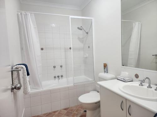 曼哲拉Apartment in Apollo Quays resort with shared Jetty的带淋浴、马桶和水槽的浴室