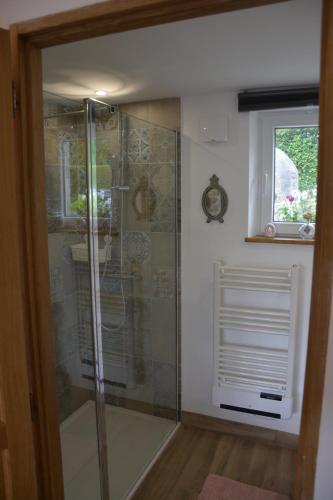 La salle de bains est pourvue d'une douche en verre et d'une fenêtre. dans l'établissement L ' Authentique, à Pernes-lès-Boulogne