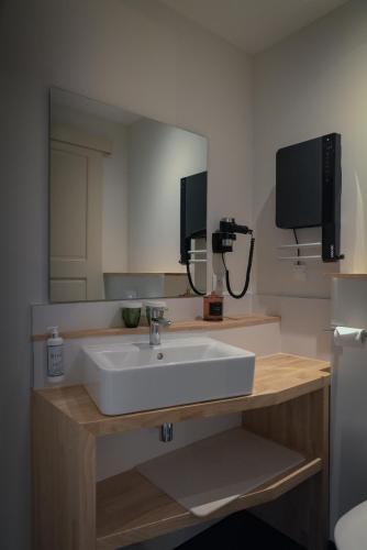 une salle de bain avec un lavabo et un miroir dans l'établissement Domaine de l'Ecorcerie, à Poitiers