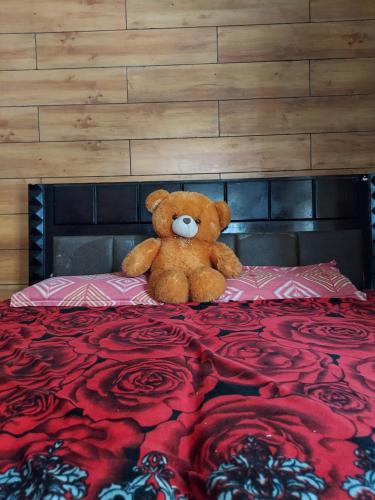 a teddy bear sitting on top of a bed at AK Homestay in Dehradun