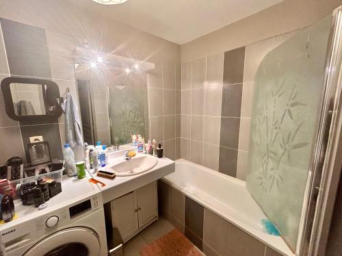une salle de bain avec un lavabo et une machine à laver dans l'établissement Chambre privé classe, à Villeurbanne