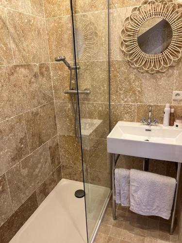 une salle de bain avec douche et lavabo dans l'établissement Maison de charme 20min du Circuit 24H du Mans, au Mans