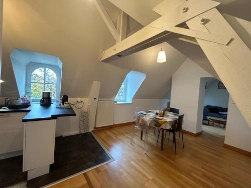 une cuisine et une salle à manger avec une table dans une pièce dans l'établissement Le Square : appartement climatisé en centre ville, à Poitiers