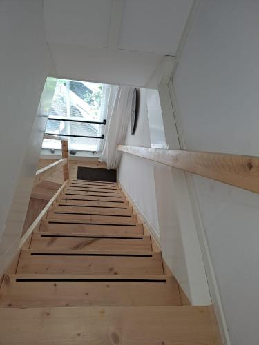 a staircase with wooden floors and a window at Het Speijerhuis in Harlingen