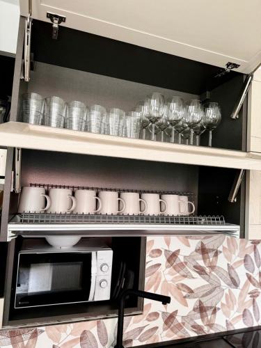 a kitchen with a shelf with glasses and a microwave at Valpolicella RIVER in Ponton