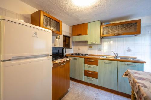 a kitchen with a white refrigerator and wooden cabinets at Seconda stella a destra in Valgrisenche