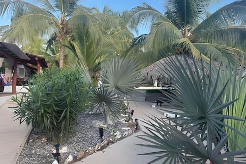 a courtyard with palm trees and plants at Casa Las Palmas Playa La Saladita in Zihuatanejo