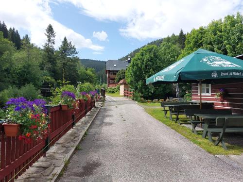 a patio with tables and a green umbrella and flowers at Pension Modrá Hvězda in Dolní Malá Úpa
