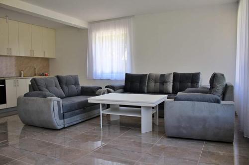 Una sala de estar con dos sofás y una mesa. en Vikendica Gajić, en Šipovo