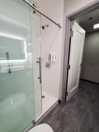 a bathroom with a glass shower with a toilet at Hampton Inn Olathe in Olathe