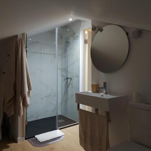 a bathroom with a shower and a sink and a mirror at Maria's House in Câmara de Lobos