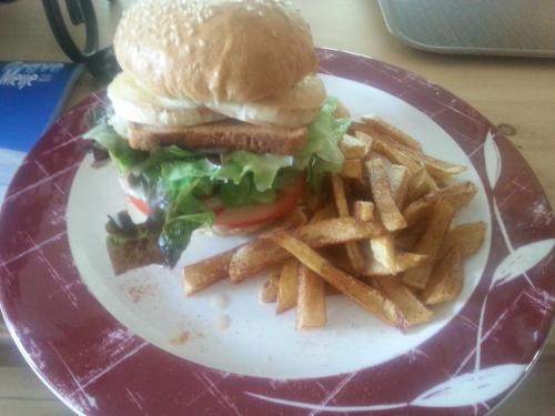 a plate with a sandwich and french fries at Hotel Le Chamois Logis in Molines-en-Queyras