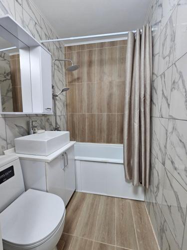 een badkamer met toilet, wastafel en bad bij Квартира-студия рядом с Набережной in Balqash