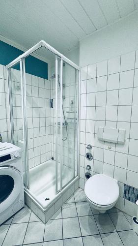 a bathroom with a shower and a toilet and a sink at Ferienwohnung Am Mühlenbach in Bienenbüttel