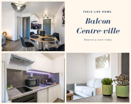un collage de photos d'une cuisine et d'un salon dans l'établissement Panoramique balcon wifi centre-ville, à Millau