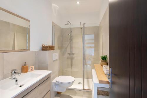 une salle de bain avec une douche, des toilettes et un lavabo dans l'établissement C12 - 2 BDR Duplex in Mougins - 2 Parking spaces, AC, Balcony & Pool, à Mougins
