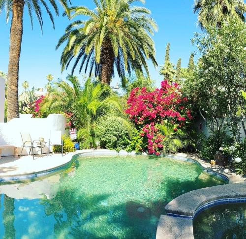 a swimming pool in a yard with palm trees and flowers at The Blenman Inn in Tucson