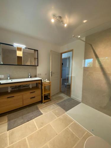 une salle de bain avec un lavabo, un miroir et une douche dans l'établissement Domaine Font Castel - Gîte Marilles, à Béziers