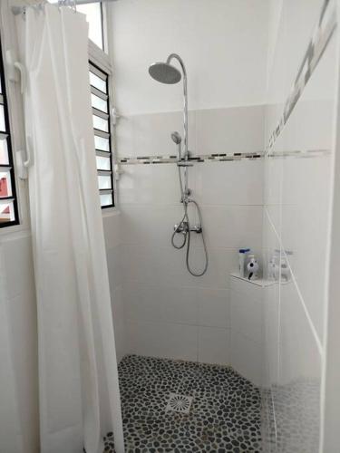 a bathroom with a shower with a shower curtain at Petit cocon vue mer in Gourbeyre