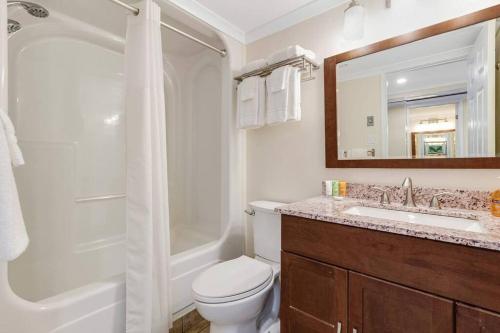 a bathroom with a toilet and a shower and a sink at Remodeled Oceanview Suite, Small Dogs OK 1738 in Myrtle Beach
