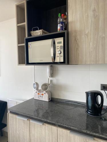 a kitchen counter with a toaster and a microwave at Departamento Central Valdivia in Valdivia