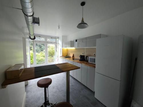 une cuisine avec un réfrigérateur blanc et une table dans l'établissement Troglodyte Baths, à Saint-Étienne-de-Chigny