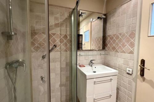 une salle de bain avec un lavabo et une douche dans l'établissement Antibes Carré d'or STD BASTION vue Mer, à Antibes