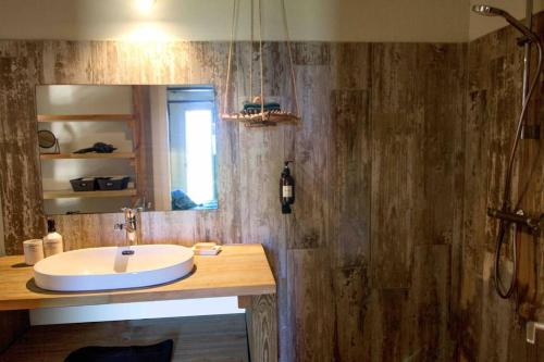 a bathroom with a sink and a mirror at Villa Manika vue mer in Le Moule