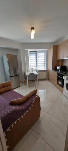 ein Zimmer mit einem Bett und eine Küche mit einem Tisch in der Unterkunft Testemitianu Apartment in Chişinău