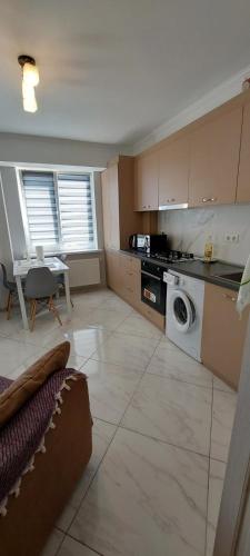 eine Küche mit Waschmaschine und einem Tisch in der Unterkunft Testemitianu Apartment in Chişinău