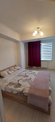 ein Schlafzimmer mit einem großen Bett und einem Fenster in der Unterkunft Testemitianu Apartment in Chişinău