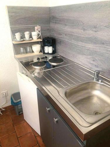 une cuisine avec un évier et un plan de travail dans l'établissement Retraite provençale, charmant studio en cœur de ville, à Aix-en-Provence