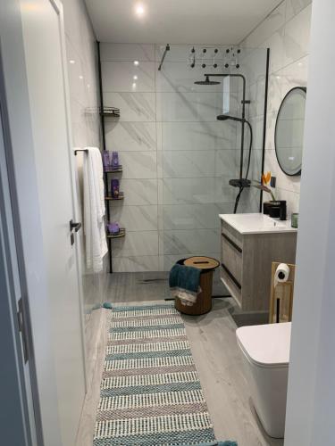 a bathroom with a shower and a sink and a toilet at Quinta da Oliveira in Ponta do Sol