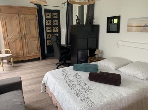 - une chambre avec 2 lits et un bureau dans l'établissement Fantastic house with pool, à Andernos-les-Bains