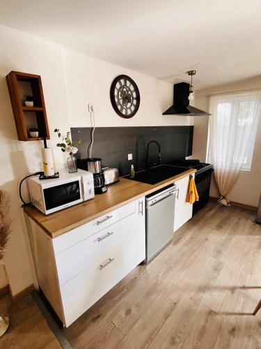 une cuisine avec un évier et un micro-ondes sur un comptoir dans l'établissement Location T3 jardin avec piscine, à Mèze