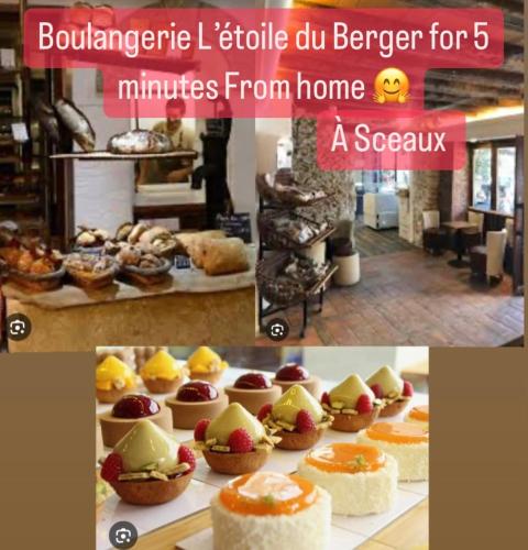 a collage of pictures of cakes and pastries at Chambres à loyers dans un Penthause in Bourg-la-Reine