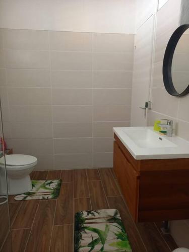 a bathroom with a sink and a toilet and a mirror at Maison au bord de mer in Sainte-Rose