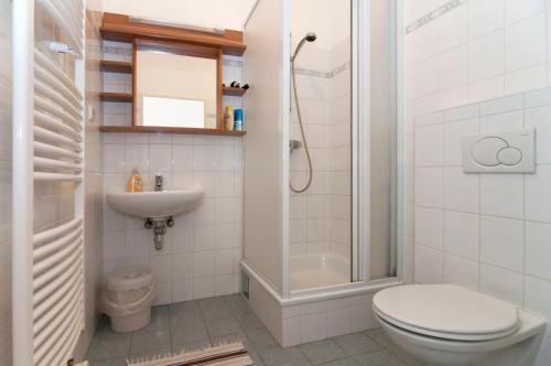 une salle de bain avec toilettes, lavabo et douche dans l'établissement Premium Apartments Klimschgasse, à Vienne