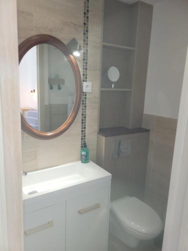 une salle de bain avec un lavabo et un miroir et des toilettes dans l'établissement Maison de village, à Bassan