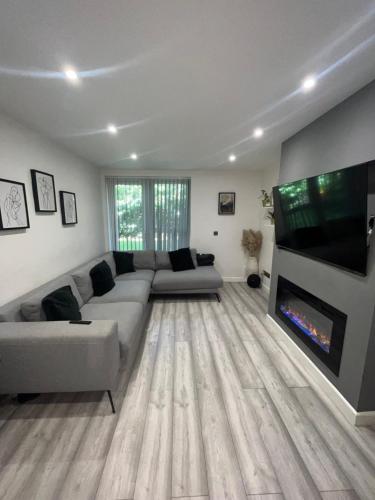 a living room with a couch and a flat screen tv at Luxury 1 bedroom apartment Bromley in Eltham