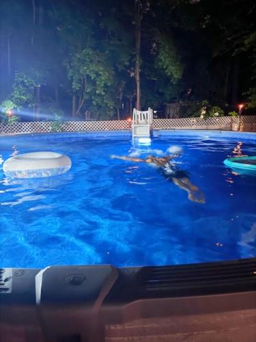 a dog swimming in a pool with a white chair at Bloom Victorian Bed & Breakfast in South Orange