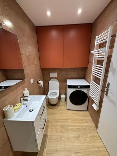 une petite salle de bain avec toilettes et lavabo dans l'établissement Petite maison cosy en bord de Marne 2 lits en mezzanine, à Maisons-Alfort