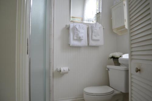 a white bathroom with a toilet and a window at Old Powder House Inn in Saint Augustine
