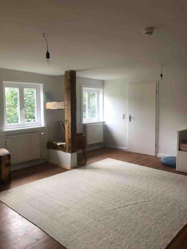 a living room with a large rug and two windows at Haus am Fluss und See in Gartow