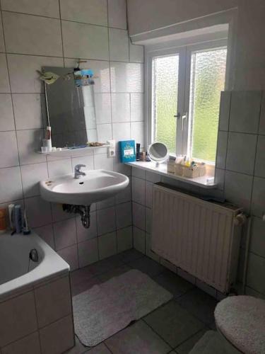 a bathroom with a sink and a tub and a mirror at Haus am Fluss und See in Gartow