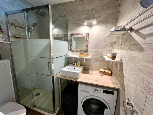 une salle de bain avec un lavabo et une machine à laver dans l'établissement Studio paisible au pied des pistes, à Villard-de-Lans